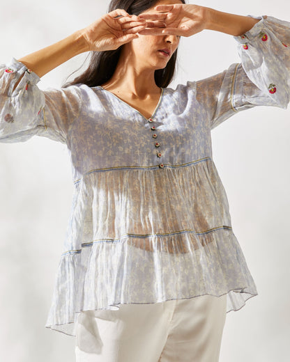 MIRROR WORK TIERED TOP by devyanimehrotra.com with printed tops, tops at Kamakhyaa for sustainable fashion