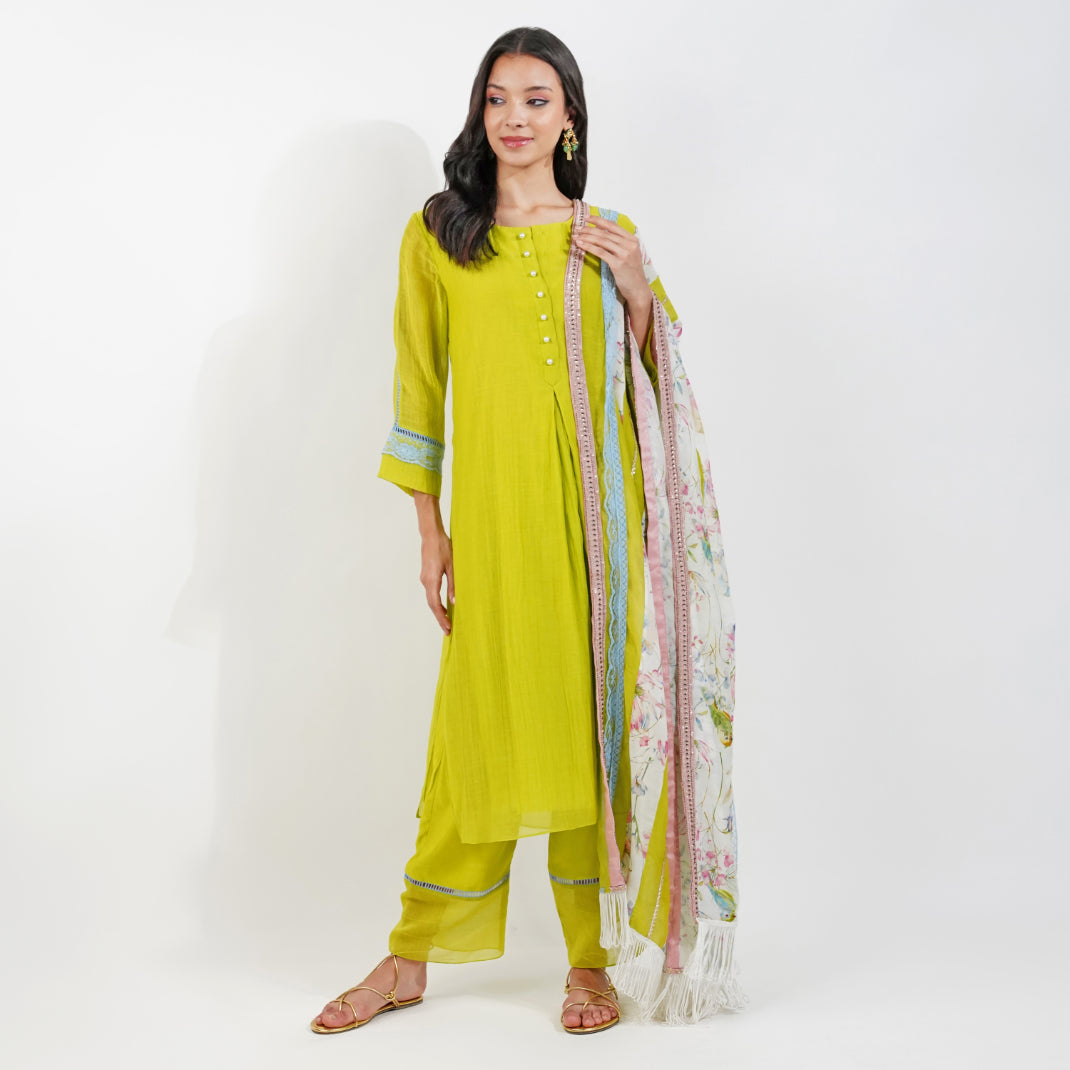 Lime Kurta Set With Shabby Chic Dupatta by devyanimehrotra.com with KURTA SETS, PRINTED KURTA, STRAIGHT KURTA at Kamakhyaa for sustainable fashion