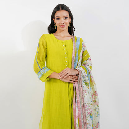 Lime Kurta Set With Shabby Chic Dupatta by devyanimehrotra.com with KURTA SETS, PRINTED KURTA, STRAIGHT KURTA at Kamakhyaa for sustainable fashion