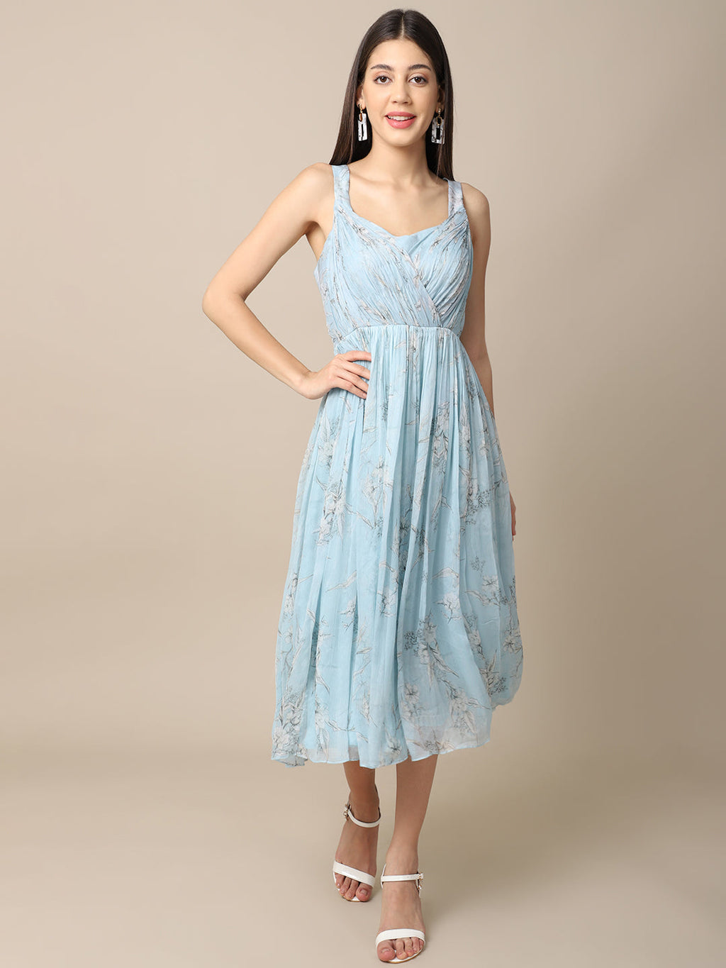 Chiffon Blue Chiffon Drape Dress by Ewoke with A-line Dress, aline dress, beach dress, beachy vibe, Blue, blue dress, Chiffon, Formal wear, Nostalgia's Thread by Ewoke, sustainable fashion at Kamakhyaa for sustainable fashion
