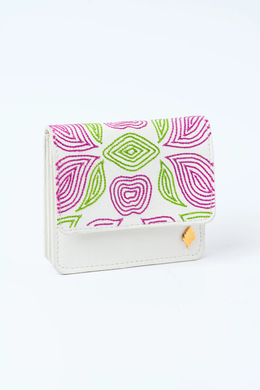 White Embroidered Cardholder by Green Hermitage with Cactus Leather, Cardholders, Embroidered, Evening Wear, Free Size, Hemp, Lyocell, Recycled, White at Kamakhyaa for sustainable fashion