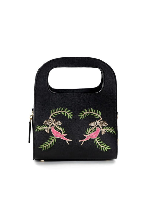 Black Embroidered Crossbody Bag by Green Hermitage with Apple Leather, Black, Crossbody Bags, Embroidered, Free Size, Hemp, Lyocell, Party Wear, Recycled at Kamakhyaa for sustainable fashion
