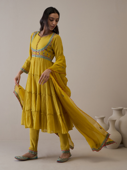 Mustard Pure Silk Chanderi Kurta Set with dupatta by RoohbyRidhimaa with Avani by RoohbyRidhimaa, Chanderi Silk, Festive Wear, Handloom Silk, Kurta Set with Dupattas, Pure Silk Chanderi, Regular Fit, Resham Embroidered, Silk Chanderi, Toxin free, Yellow at Kamakhyaa for sustainable fashion