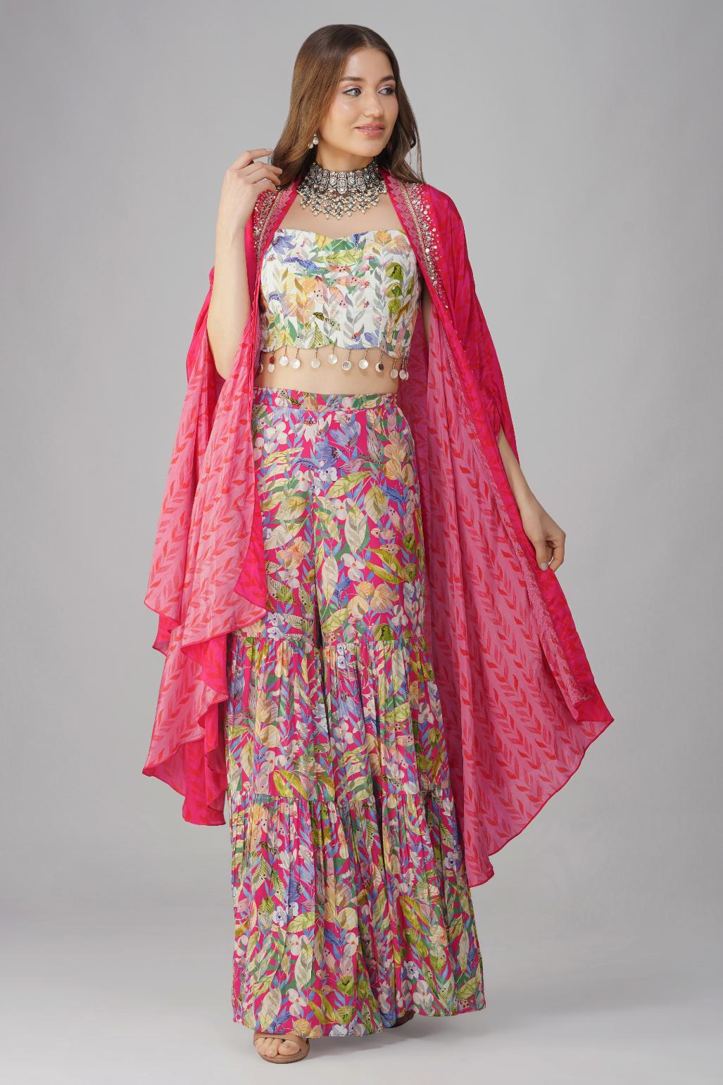 MULTI LEAF PRINT CAPE SET by devyanimehrotra.com with at Kamakhyaa for sustainable fashion