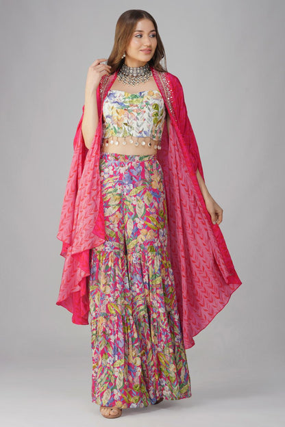 MULTI LEAF PRINT CAPE SET by devyanimehrotra.com with at Kamakhyaa for sustainable fashion