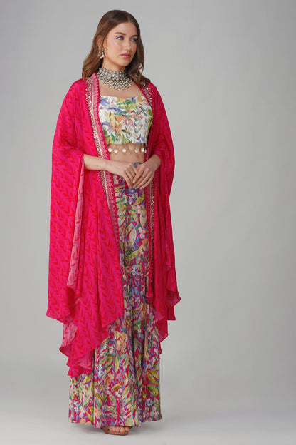 MULTI LEAF PRINT CAPE SET by devyanimehrotra.com with at Kamakhyaa for sustainable fashion