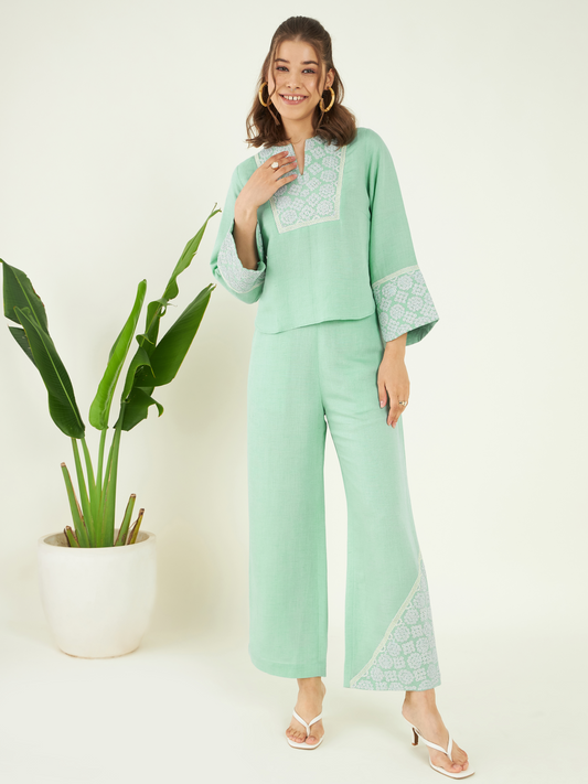 Sage Green Co-ord Set by Bohobi with at Kamakhyaa for sustainable fashion