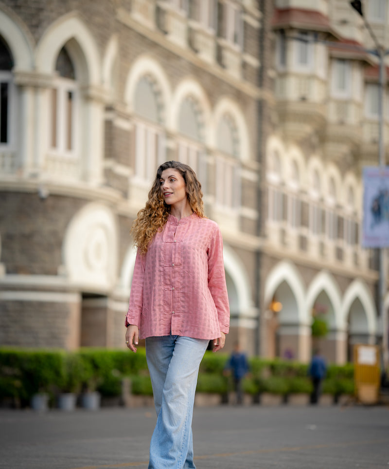 Pink Textured Handwoven Shirt by Krushnachuda with Chilika by Krushnachuda, Handloom Cotton, Loose Fit, Natural Dye, Organic, Outerwear, Pink, Self Design, Womenswear at Kamakhyaa for sustainable fashion