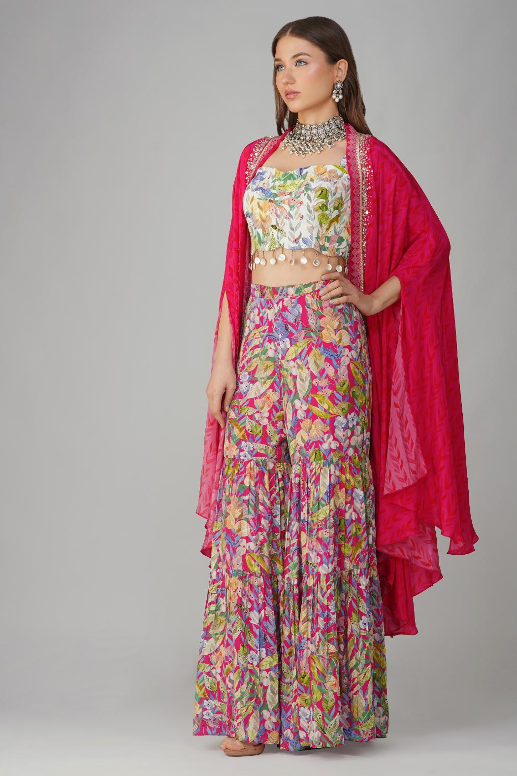 MULTI LEAF PRINT CAPE SET by devyanimehrotra.com with at Kamakhyaa for sustainable fashion