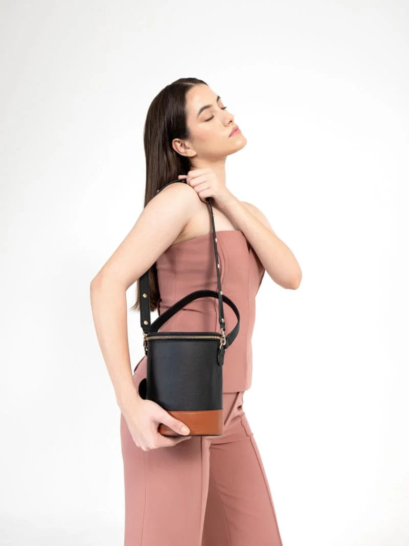 Black Solid Bucket Bag by Green Hermitage with Apple Leather, Black, Bucket Bags, Casual Wear, Free Size, Hemp, Lyocell, Recycled, Solids at Kamakhyaa for sustainable fashion