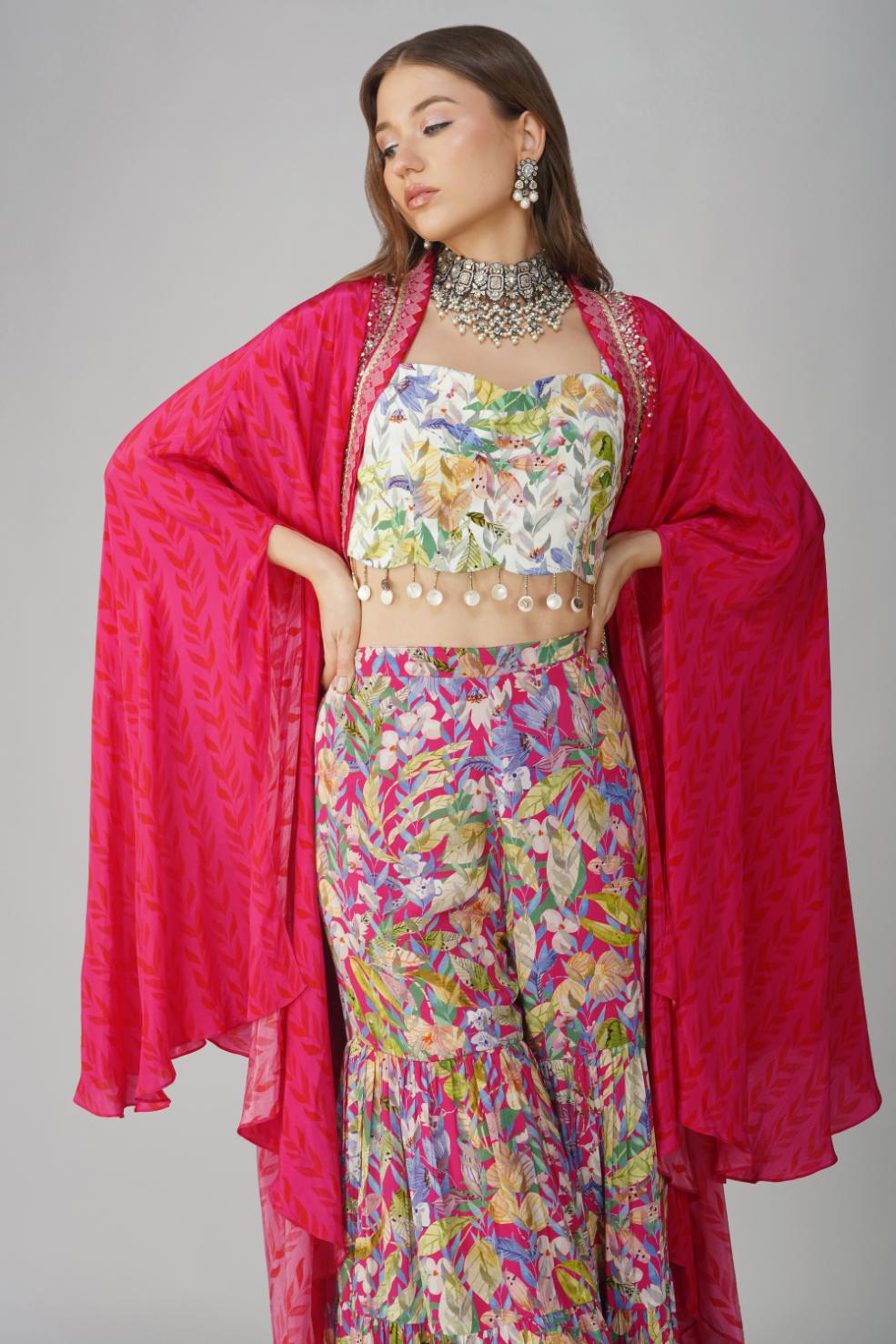 MULTI LEAF PRINT CAPE SET by devyanimehrotra.com with at Kamakhyaa for sustainable fashion