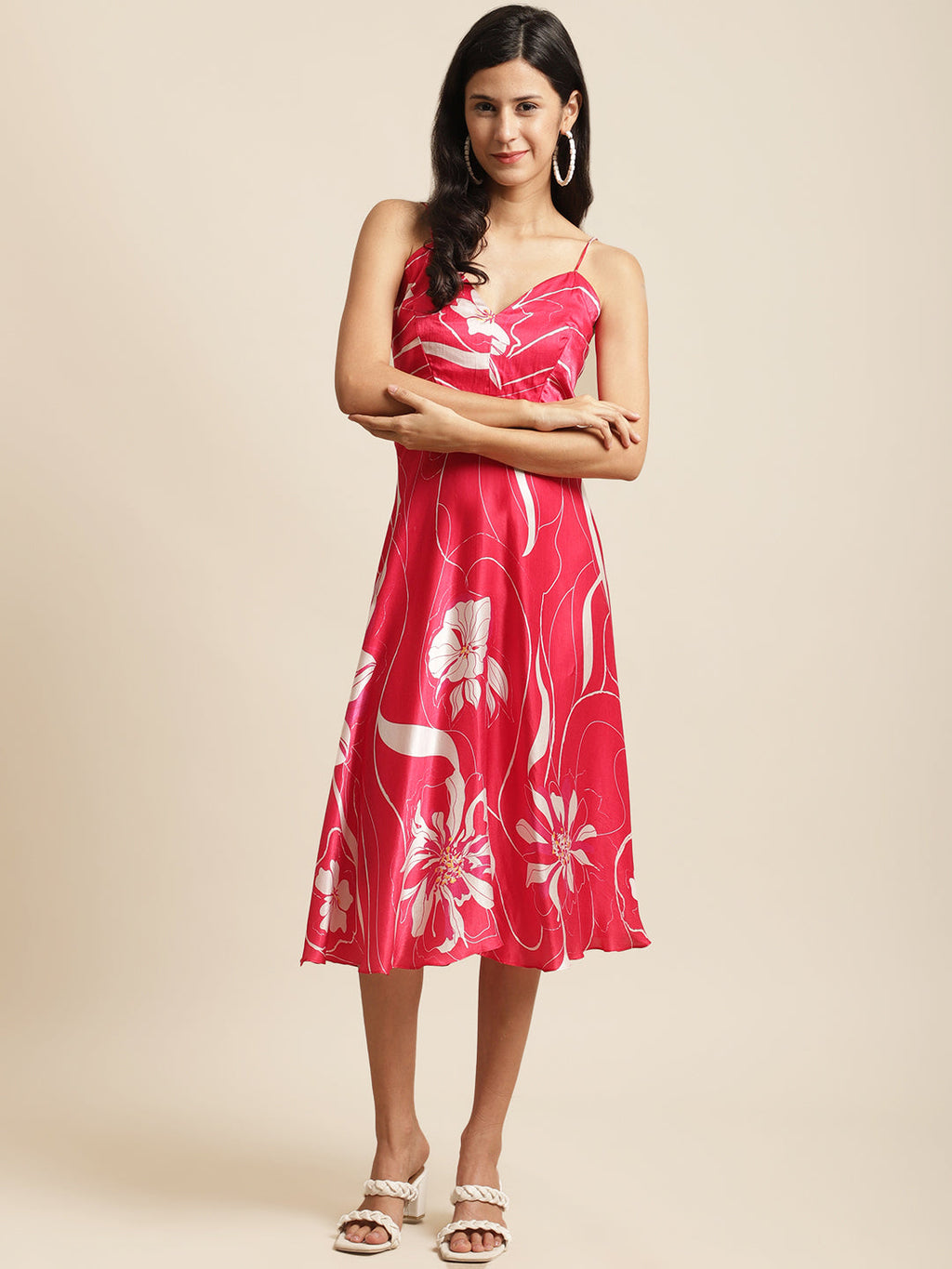 Bemberg Silk Red Fit & Flare Dress by Ewoke with Bemberg Silk, cute dress, day dress, fit and flare, fit and flare dress, Floral, Nostalgia's Thread by Ewoke, Party Wear, printed dress, sale, sustainable fashion at Kamakhyaa for sustainable fashion