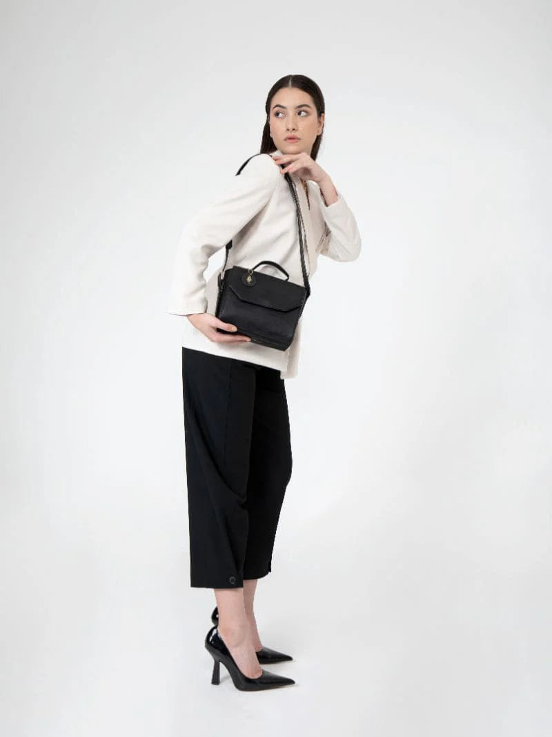 Black Solid Crossbody Bag by Green Hermitage with Apple Leather, Black, Crossbody Bags, Evening Wear, Free Size, Hemp, Lyocell, Recycled, Solids at Kamakhyaa for sustainable fashion