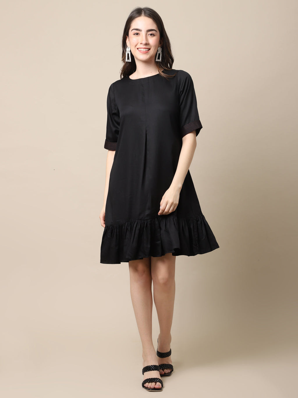 Tencel Black Tencel A-line dress by Ewoke with A-line Dress, aline dress, Black, knee length dress, Nostalgia's Thread by Ewoke, summer dress, sustainable fashion, Tencel, tencel dress at Kamakhyaa for sustainable fashion
