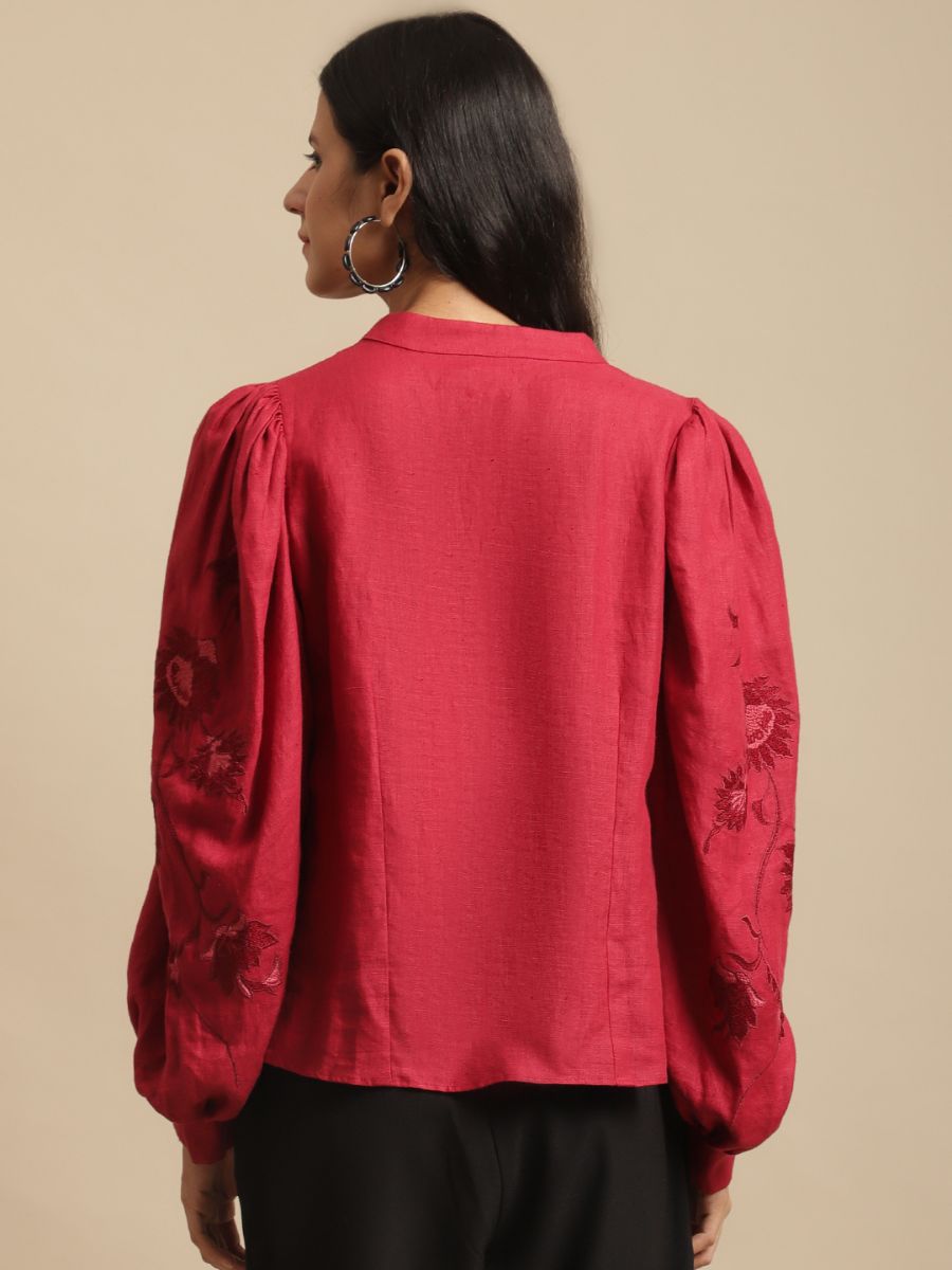 100% Hemp Vivienne Hemp Top Red by Ewoke with 100% Hemp, embroidered top, Hemp, hemp top, Nostalgia's Thread by Ewoke, statement sleeves top, white classic top at Kamakhyaa for sustainable fashion