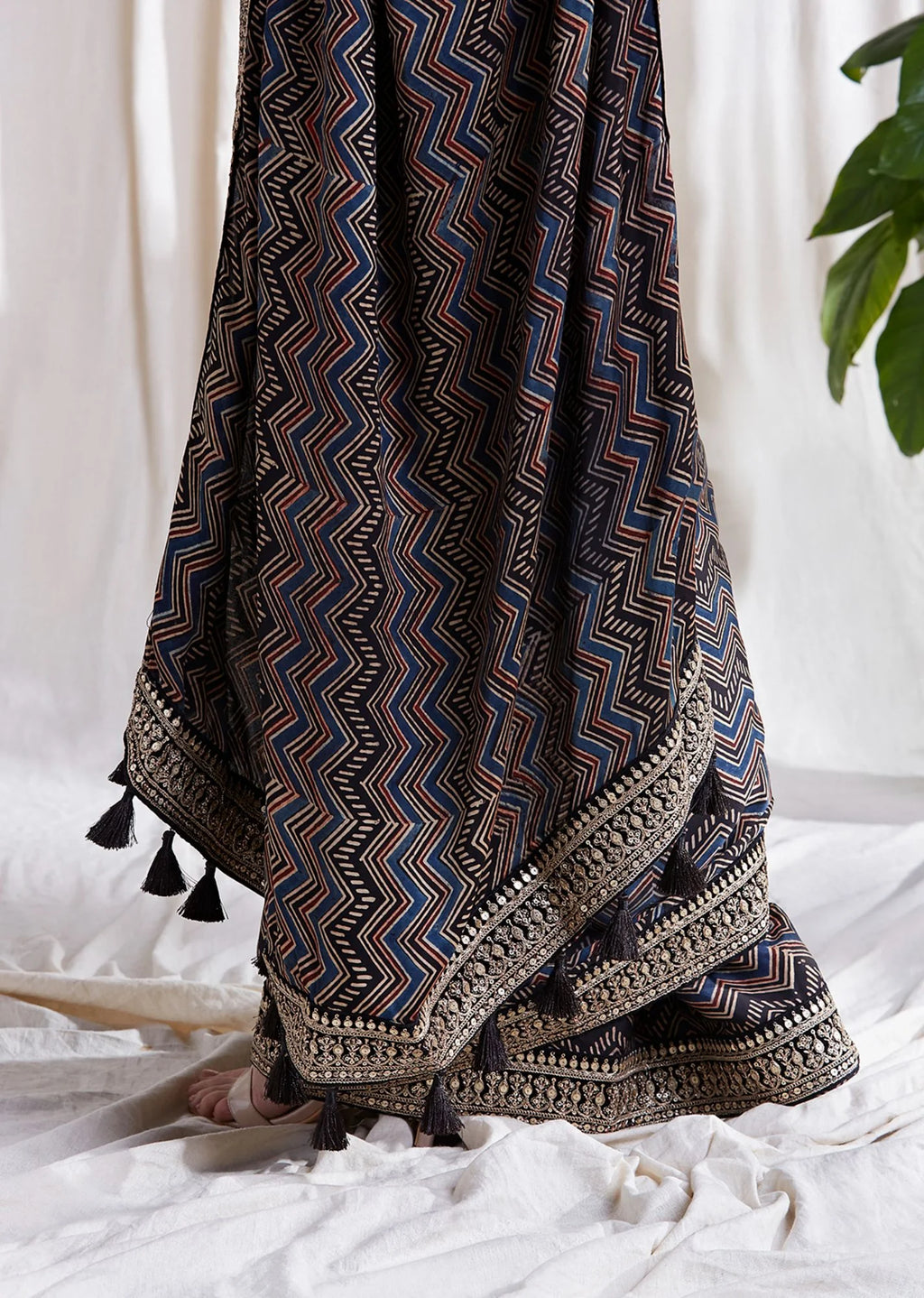 Azha Modal Saree by Hasttvam with ModalFloralFestive WearBlackHandmade by artisans, Natural dyes, Respondible production and Vegan at Kamakhyaa for sustainable fashion