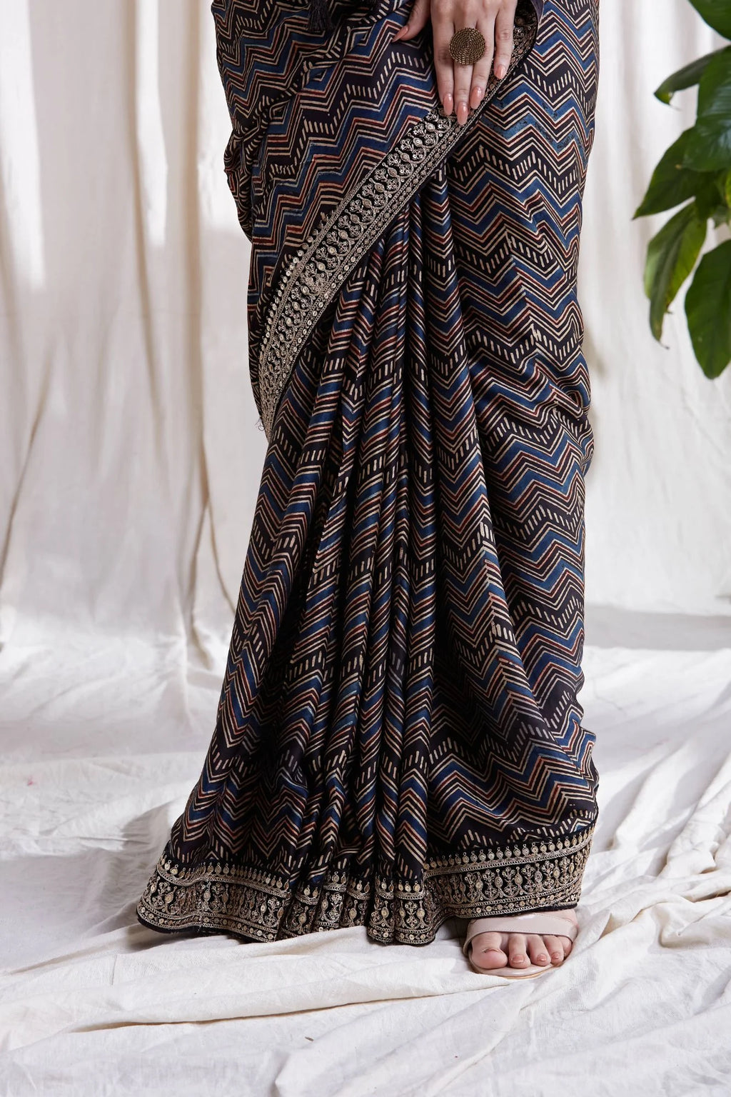 Azha Modal Saree by Hasttvam with ModalFloralFestive WearBlackHandmade by artisans, Natural dyes, Respondible production and Vegan at Kamakhyaa for sustainable fashion