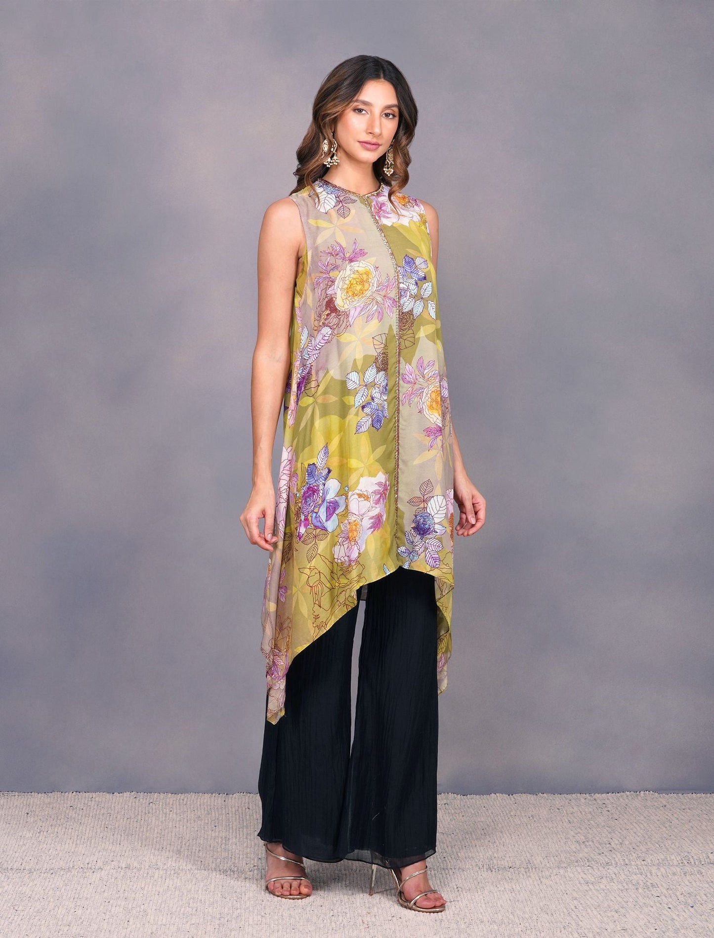 BIG FLOWER PRINT GREEN TUNIC SET by devyanimehrotra.com with at Kamakhyaa for sustainable fashion