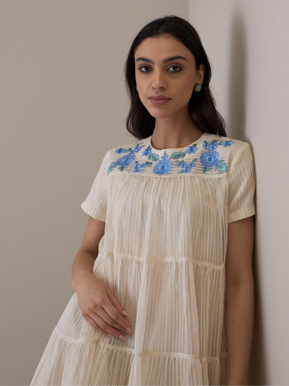 White Beautiful Dress with Embroidered Neck by RoohbyRidhimaa with Avani by RoohbyRidhimaa, Casual Wear, Handloom Silk Organza, Relaxed Fit, Resham Embroidered, Silk Organza, Toxin free, White at Kamakhyaa for sustainable fashion