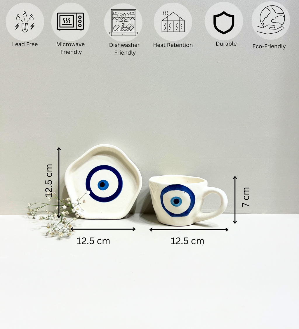 Midnight Nazar – Evil Eye Ceramic Mug & Plate Set by Aetherea World with at Kamakhyaa for sustainable fashion