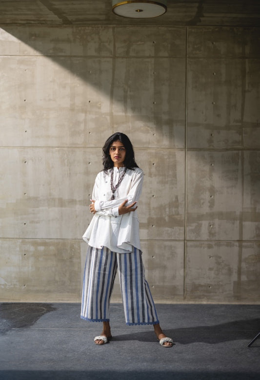 Blue Striped Cotton Pants with Crochet Lace by Araayeh with Artisan Made, Handwoven Cotton, Multicolor, Pants, Stripes, Work Wear at Kamakhyaa for sustainable fashion