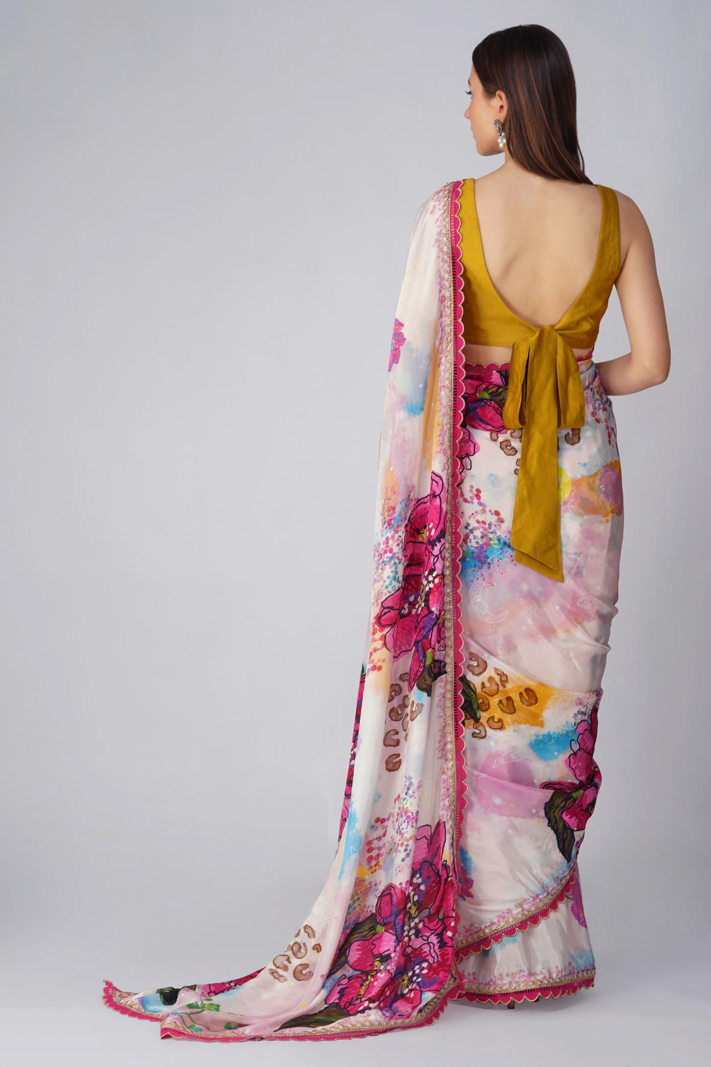 BIG FLOWER PRINTED SAREE SET by devyanimehrotra.com with at Kamakhyaa for sustainable fashion