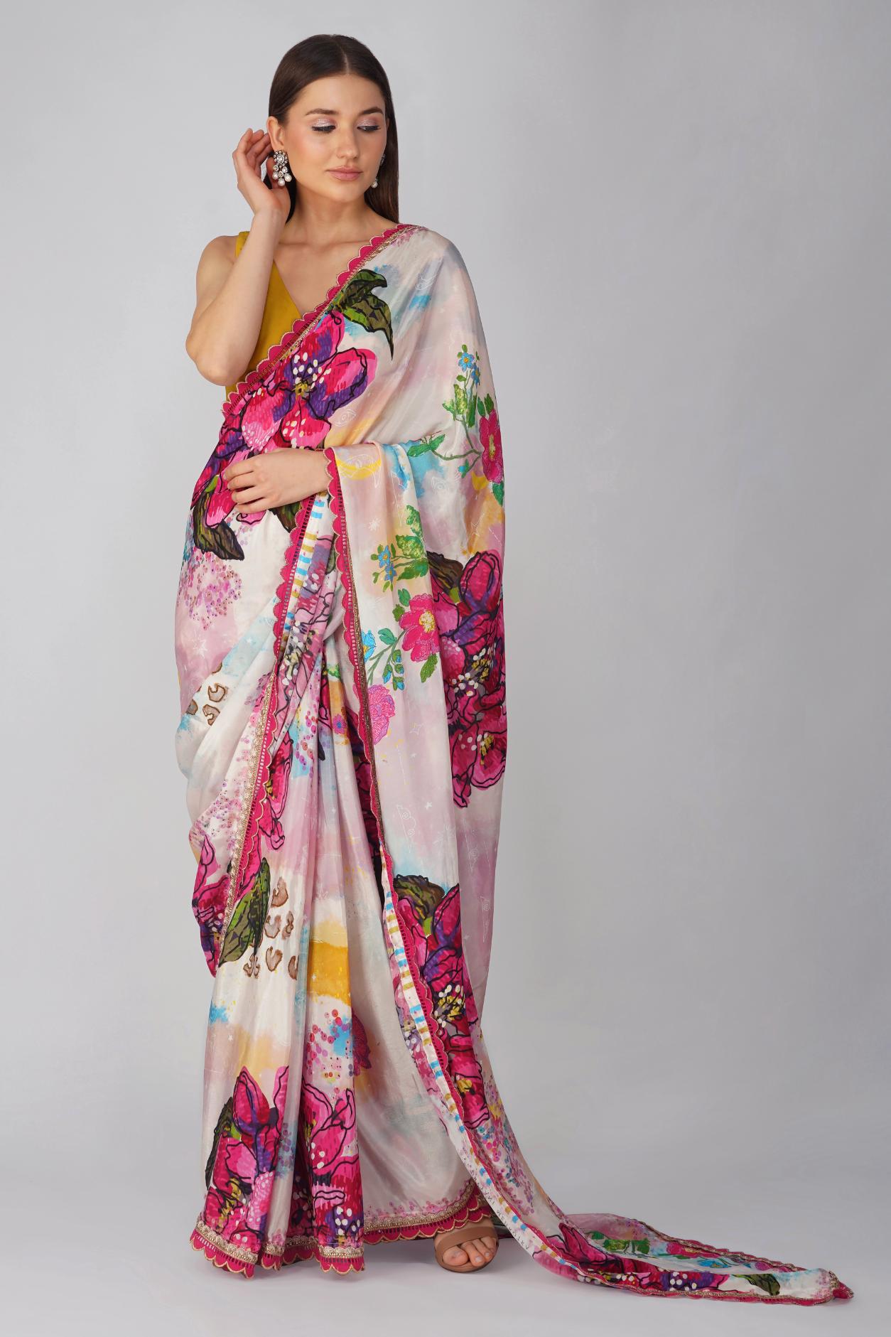 BIG FLOWER PRINTED SAREE SET by devyanimehrotra.com with at Kamakhyaa for sustainable fashion