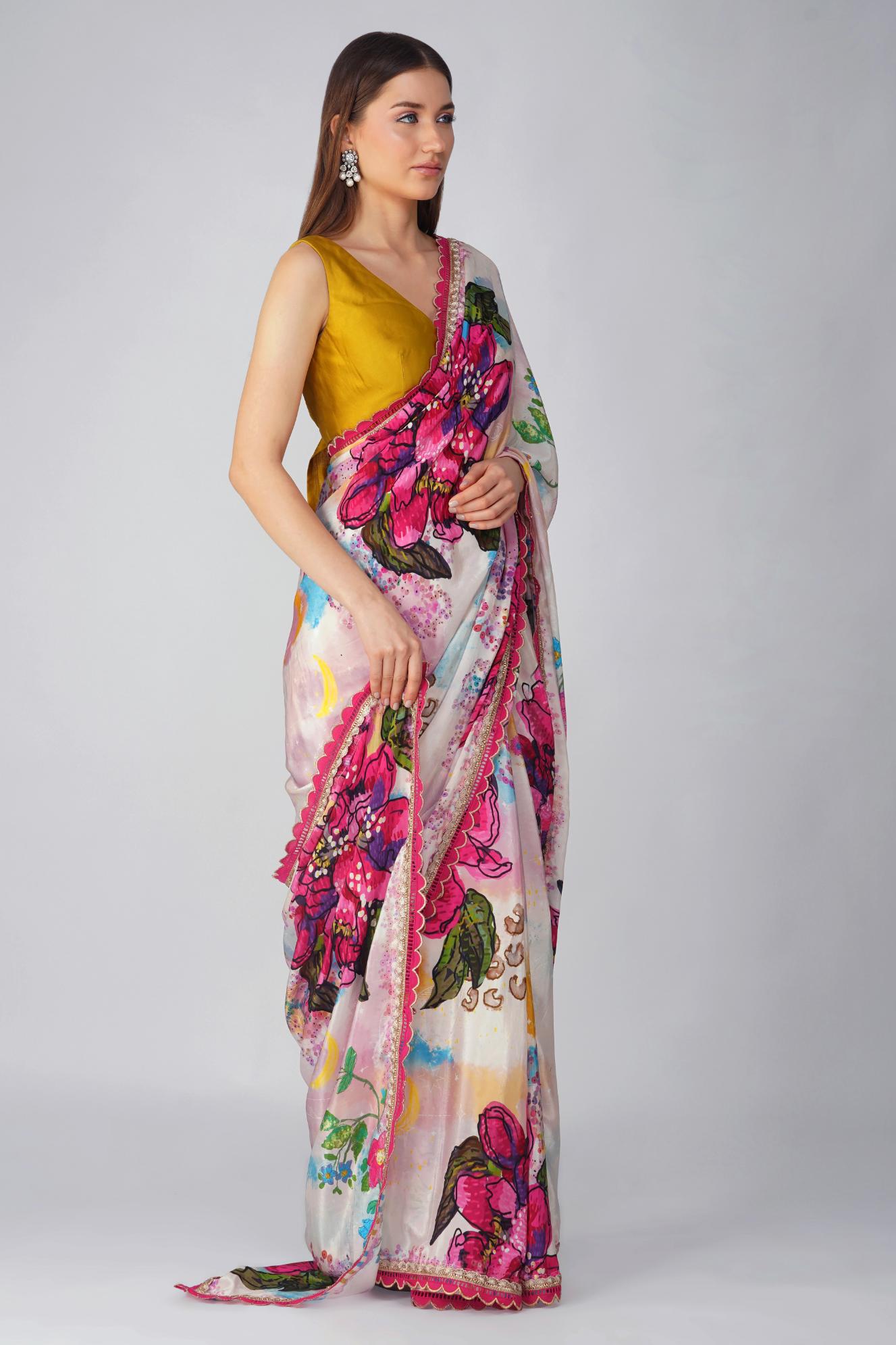 BIG FLOWER PRINTED SAREE SET by devyanimehrotra.com with at Kamakhyaa for sustainable fashion