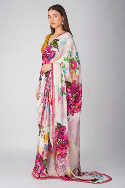 BIG FLOWER PRINTED SAREE SET by devyanimehrotra.com with at Kamakhyaa for sustainable fashion