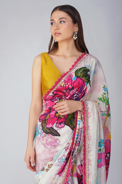 BIG FLOWER PRINTED SAREE SET by devyanimehrotra.com with at Kamakhyaa for sustainable fashion