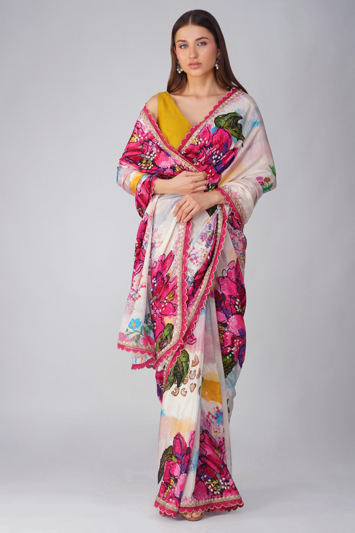 BIG FLOWER PRINTED SAREE SET by devyanimehrotra.com with at Kamakhyaa for sustainable fashion