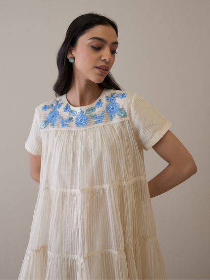 White Beautiful Dress with Embroidered Neck by RoohbyRidhimaa with Avani by RoohbyRidhimaa, Casual Wear, Handloom Silk Organza, Relaxed Fit, Resham Embroidered, Silk Organza, Toxin free, White at Kamakhyaa for sustainable fashion