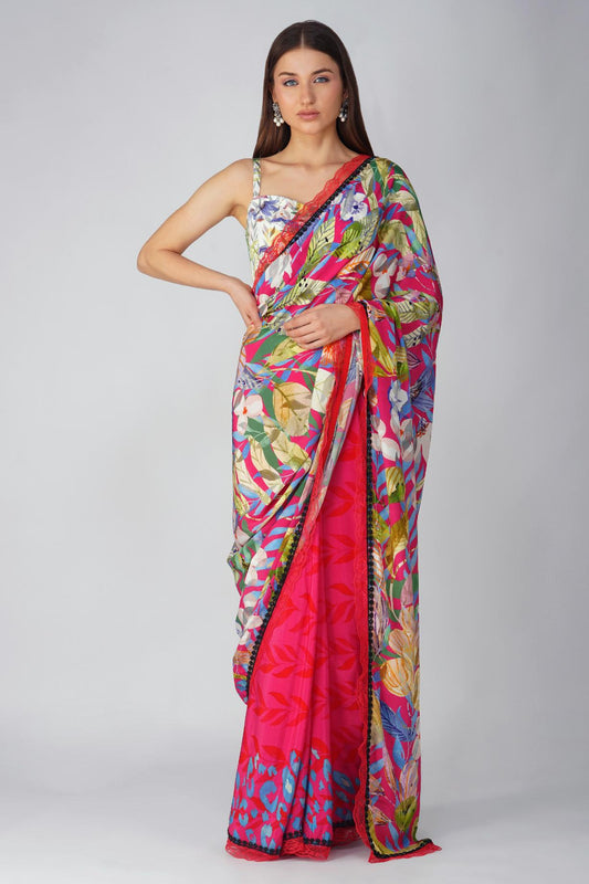 MULTI LEAF PRINTED SAREE SET by devyanimehrotra.com with at Kamakhyaa for sustainable fashion