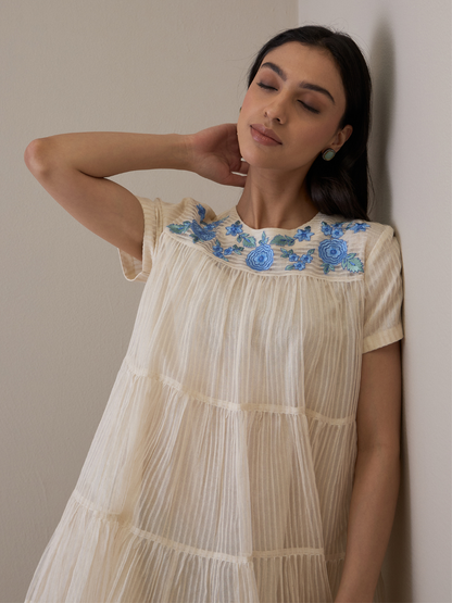 White Beautiful Dress with Embroidered Neck by RoohbyRidhimaa with Avani by RoohbyRidhimaa, Casual Wear, Handloom Silk Organza, Relaxed Fit, Resham Embroidered, Silk Organza, Toxin free, White at Kamakhyaa for sustainable fashion