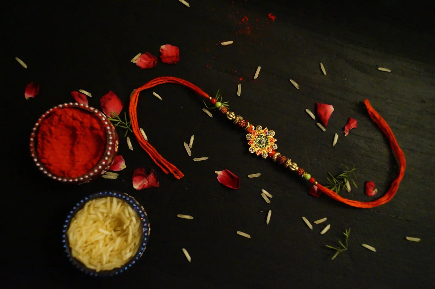 Set of 4-Floral Rudraksh Thread Rakhi by Kamakhyaa with Festive Wear, Floral, Jewellery, Natural Materials, Natural Threads, Rakhi, Rakhis Ready to Ship, Red, Regular Fit, Upcycled, Zari Threads at Kamakhyaa for sustainable fashion