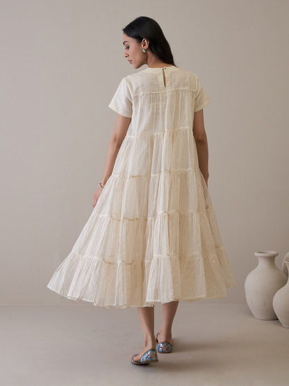 White Beautiful Dress with Embroidered Neck by RoohbyRidhimaa with Avani by RoohbyRidhimaa, Casual Wear, Handloom Silk Organza, Relaxed Fit, Resham Embroidered, Silk Organza, Toxin free, White at Kamakhyaa for sustainable fashion