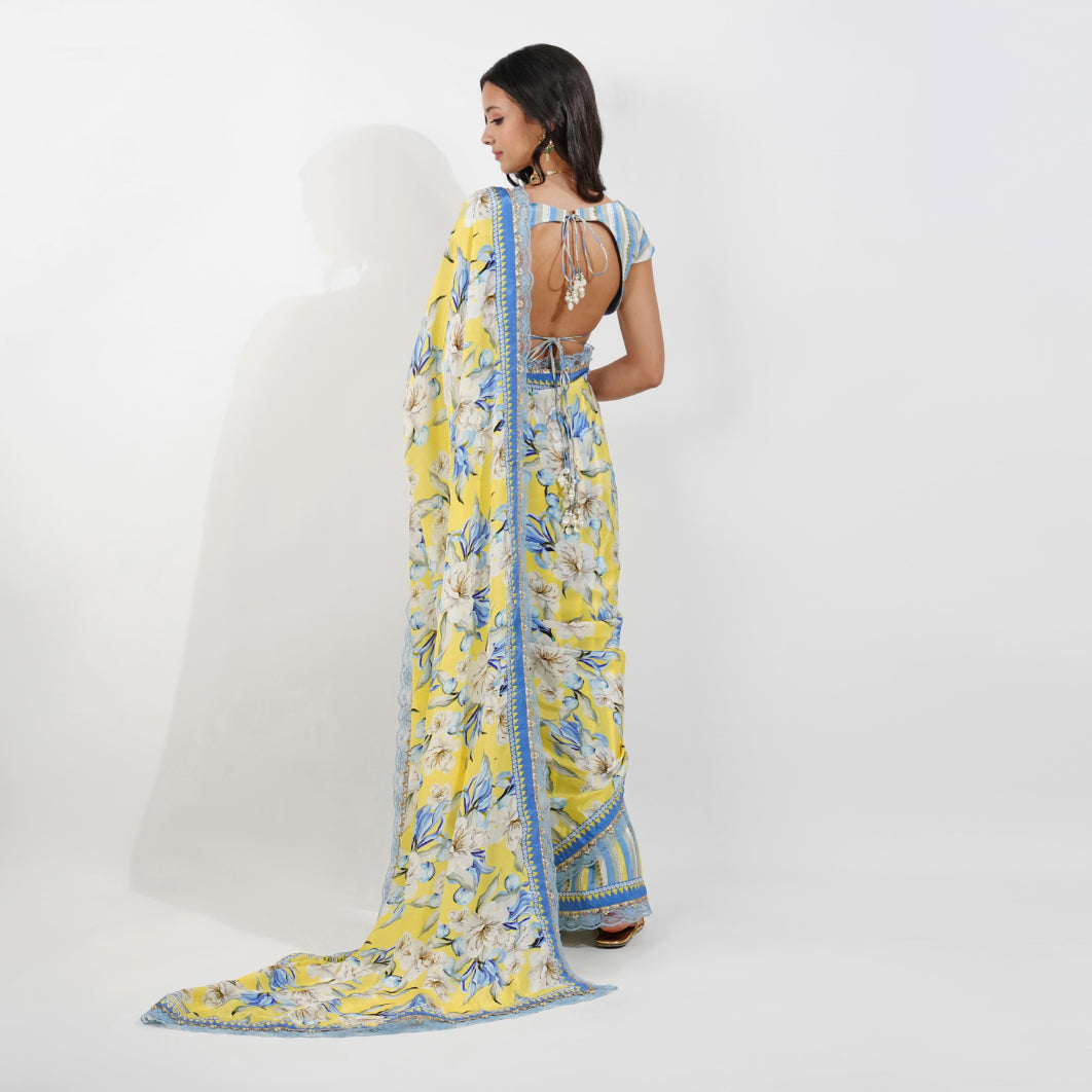 vintage Floral Crepe saree-Yellow by devyanimehrotra.com with printed saree, saree, summer saree at Kamakhyaa for sustainable fashion