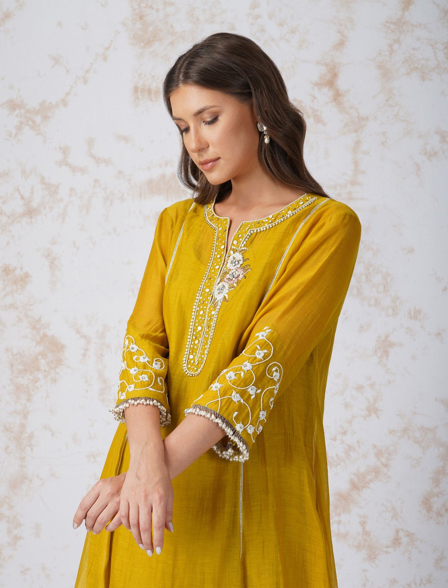 BAROQUE FLOWER MUSTARD KURTA SET by devyanimehrotra.com with at Kamakhyaa for sustainable fashion