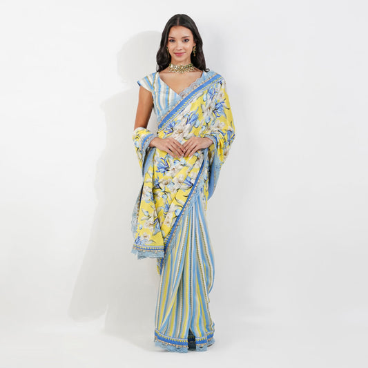 vintage Floral Crepe saree-Yellow by devyanimehrotra.com with printed saree, saree, summer saree at Kamakhyaa for sustainable fashion