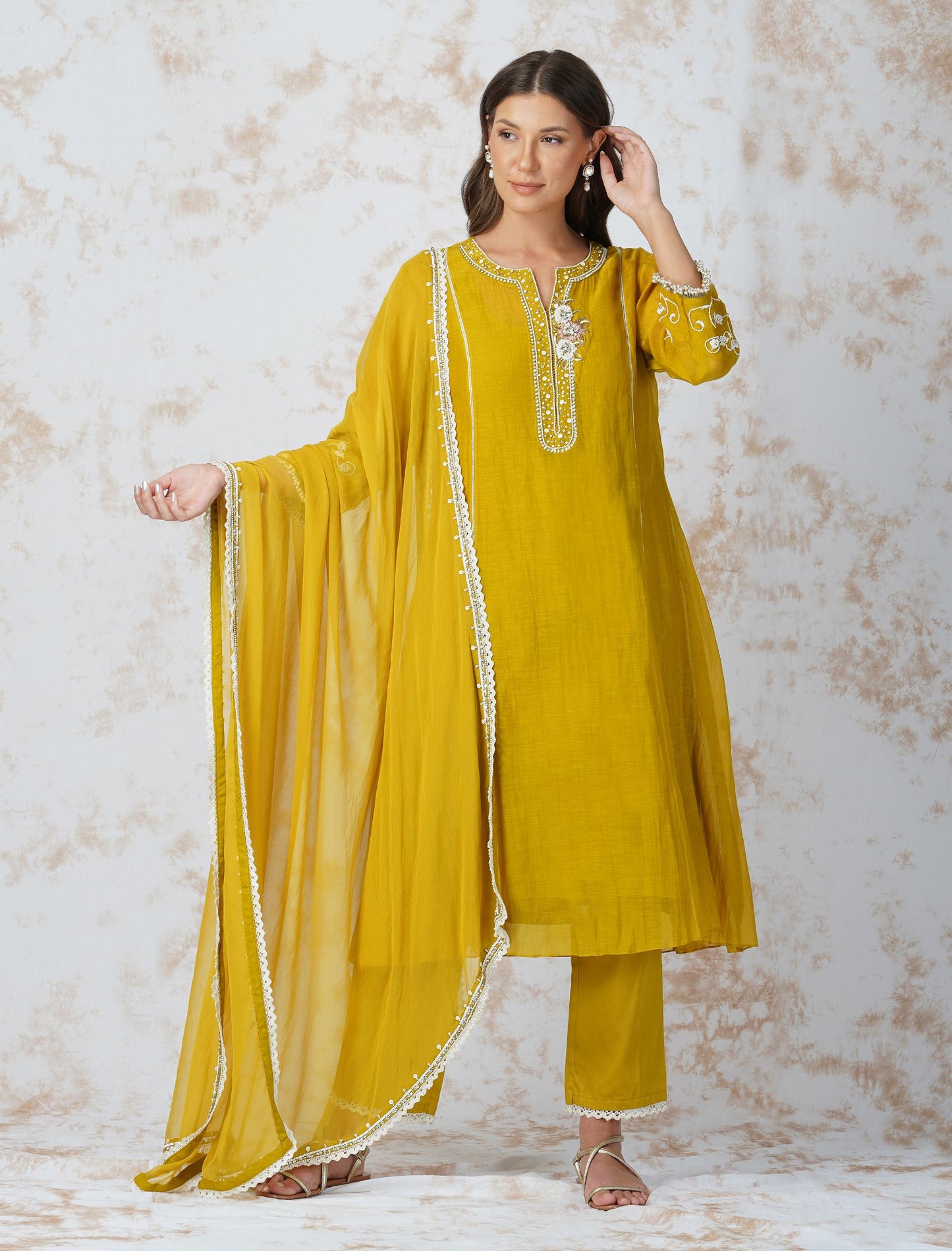 BAROQUE FLOWER MUSTARD KURTA SET by devyanimehrotra.com with at Kamakhyaa for sustainable fashion