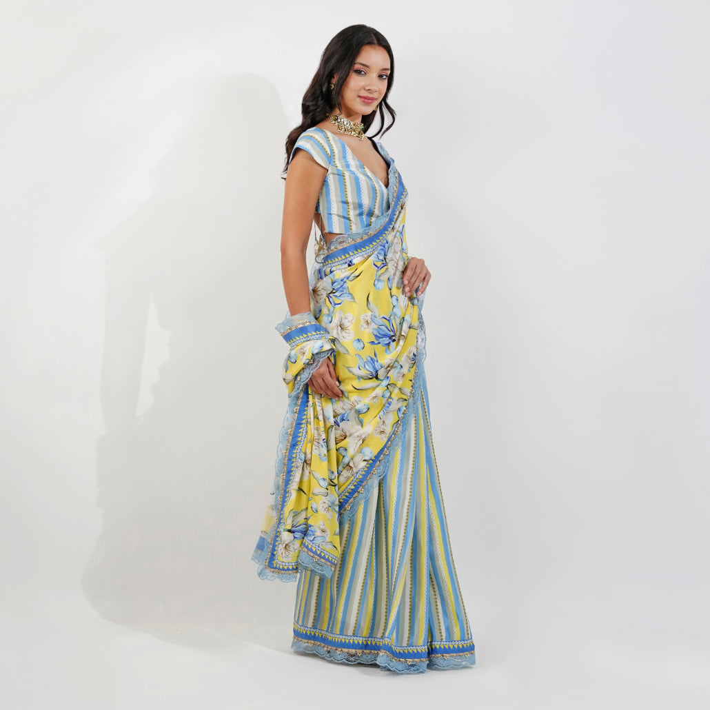 vintage Floral Crepe saree-Yellow by devyanimehrotra.com with printed saree, saree, summer saree at Kamakhyaa for sustainable fashion