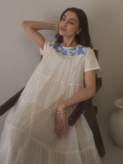 White Beautiful Dress with Embroidered Neck by RoohbyRidhimaa with Avani by RoohbyRidhimaa, Casual Wear, Handloom Silk Organza, Relaxed Fit, Resham Embroidered, Silk Organza, Toxin free, White at Kamakhyaa for sustainable fashion