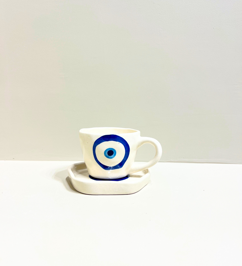 Midnight Nazar – Evil Eye Ceramic Mug & Plate Set by Aetherea World with at Kamakhyaa for sustainable fashion