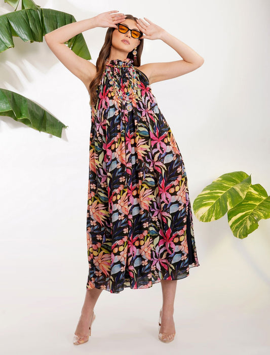 TROPICAL FLOWER PRINTED DRESS by devyanimehrotra.com with at Kamakhyaa for sustainable fashion