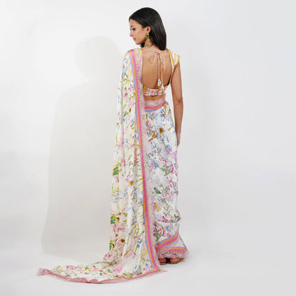 Summer floral Saree by devyanimehrotra.com with pink saree, printed saree, saree at Kamakhyaa for sustainable fashion