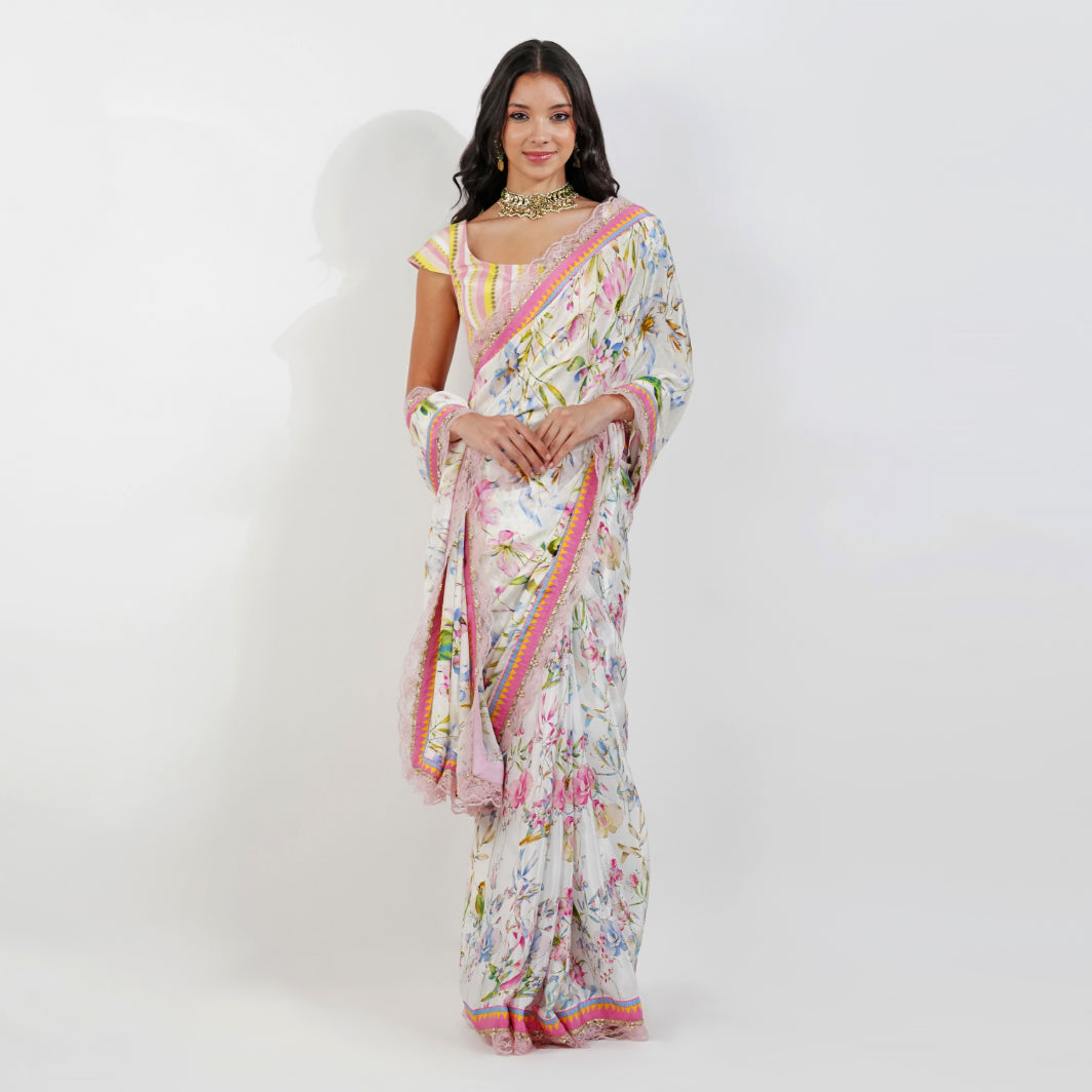 Summer floral Saree by devyanimehrotra.com with pink saree, printed saree, saree at Kamakhyaa for sustainable fashion