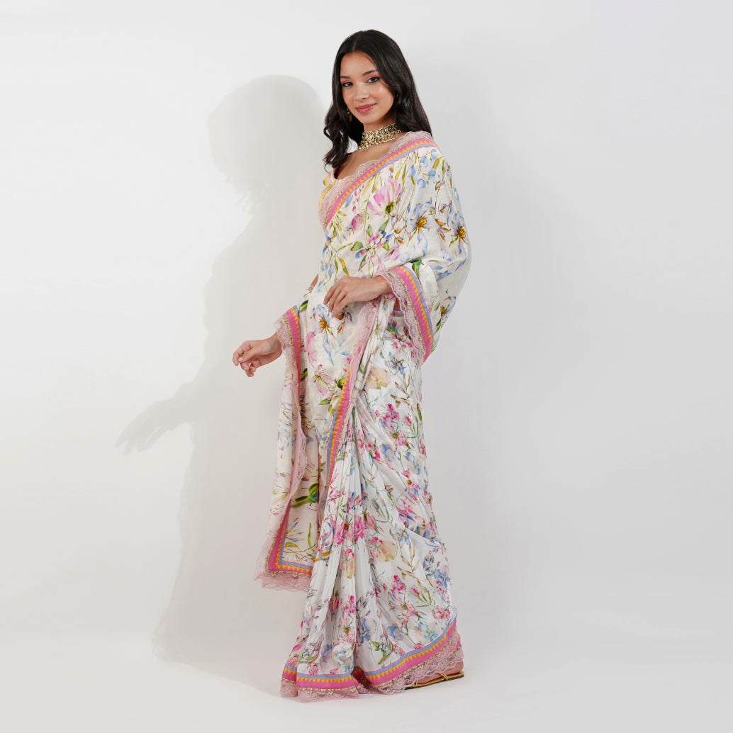 Summer floral Saree by devyanimehrotra.com with pink saree, printed saree, saree at Kamakhyaa for sustainable fashion