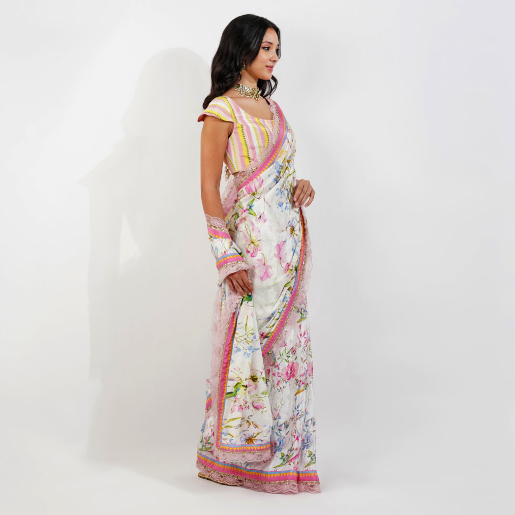 Summer floral Saree by devyanimehrotra.com with pink saree, printed saree, saree at Kamakhyaa for sustainable fashion