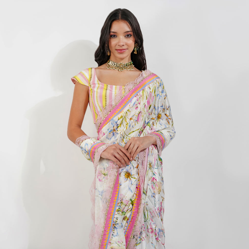 Summer floral Saree by devyanimehrotra.com with pink saree, printed saree, saree at Kamakhyaa for sustainable fashion