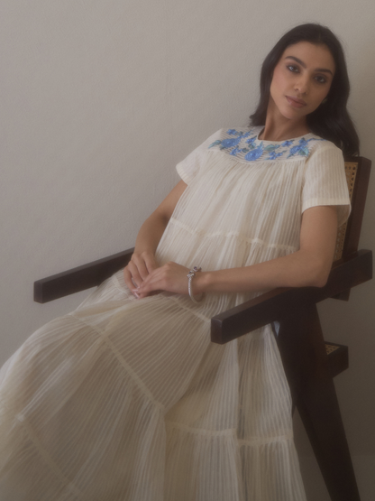 White Beautiful Dress with Embroidered Neck by RoohbyRidhimaa with Avani by RoohbyRidhimaa, Casual Wear, Handloom Silk Organza, Relaxed Fit, Resham Embroidered, Silk Organza, Toxin free, White at Kamakhyaa for sustainable fashion